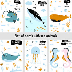 set of cards with sea animals - vector illustration, eps