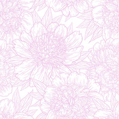 Seamless pattern with peony flowers hand drawn in lines. Graphic doodle sketch floral background. Vector illustration