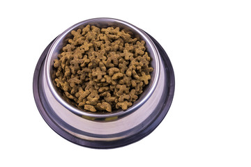 Dry cat food in a bowl. Pet food isolated on white background
