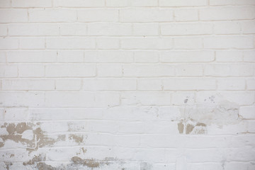 Vintage Old Brick Wall Texture. Grunge Red White Stonewall Horizontal Background. Shabby Building Facade With Damaged Plaster.