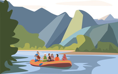 mountains, river, people in the boat