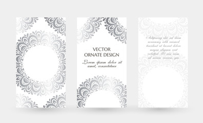 Silver circle decor. Elegant vertical flayers. Vector illustration for event invitation, ceremony card or celebration banner.
