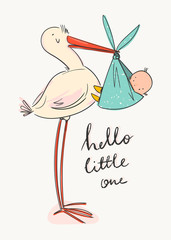 Fototapeta Hello little one. Cartoon stork carrying a cute newborn baby. Design template for greeting card or baby shower invitation. Hand drawn vector trendy illustration. obraz