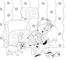 My day. Schedule. Cute little boy's day. Coloring book. Coloring page. Cute and funny cartoon characters. Illustration for children