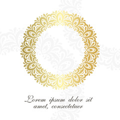 Golden circle decor. Elegant ornamental emblem on the white background.