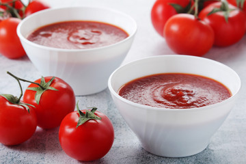 Two plates with gazpacho - traditional Italian tomato soup