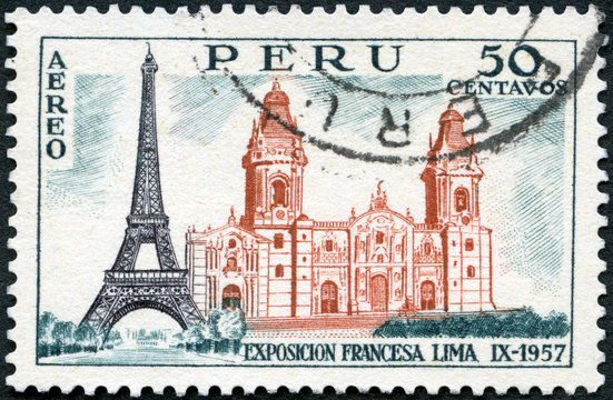 PERU - 1957: shows Eiffel Tower and The Basilica Cathedral of Lima, French Exposition, Lima