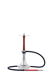 Beautiful red wooden hookah with a clean bowl in the drops of water isolated on white background. The mouthpiece with a black hose lie on the background. Metal hookah elements.