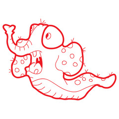 Cartoon doodle illustration of cute monster (elephant + caterpillar) for coloring book, t-shirt print design, greeting card