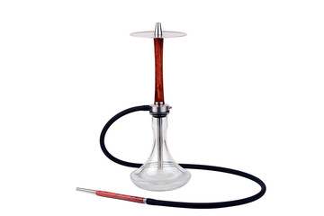 Luxurious red wooden hookah with a clean bowl in the drops of water isolated on white background. The mouthpiece with a black hose lie on the background. Metal hookah elements.