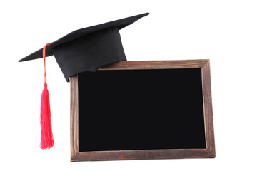 Graduation cap with blank frame isolated on white background
