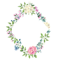 Watercolor wreath of green leaves and garden flowers.