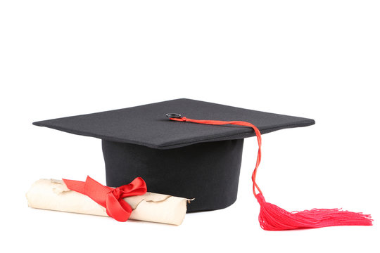 Graduation Cap With Diploma Isolated On White Background