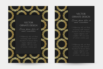 Golden circle decor. Luxury vertical posters with decorative frame and border on the black background.