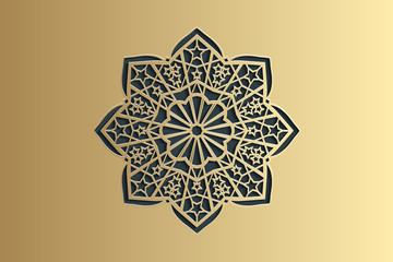 Islamic ornament vector, persian motiff. Ramadan islamic round pattern elements. Geometric circular ornamental arabic symbol vector. Gold on black background.