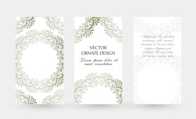 Silver circle decor. Stylish vertical posters with ornaments on the white background.
