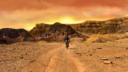 Mountain biker at sunset in a desert - obrazy, fototapety, plakaty