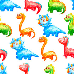 Watercolor seamless pattern cute dinosaurs of different colors and types on a white background