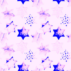 Seamless Watercolor Stars Pattern. Magic Festive Background. Hand Drawn Doodle Stars. Baby Design. Abstract Rapport for Wallpaper, Textile, Linen, Wrapping, Posters, Cards, Banner. New Year, Birthday 