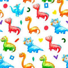 Seamless watercolor pattern. Young dinosaurs are smiling and looking in one direction against the background of different shapes: square, circle, tick, heart