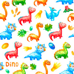Seamless watercolor pattern. Cute dinosaurs are smiling and looking in one direction against a background of colorful eggs, a volcano, leaves, a comet.