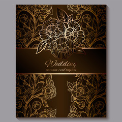 Exquisite chocolate royal luxury wedding invitation, gold floral background with frame and place for text, lacy foliage made of roses or peonies with golden shiny gradient.