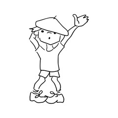Doodle boy. Simple children's coloring page, children's drawing a little boy. Black line painting, isolated on white background.