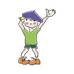 Boy. Hand drawn little boy raised  hand up, bright doodle style illustration, isolated on white background.