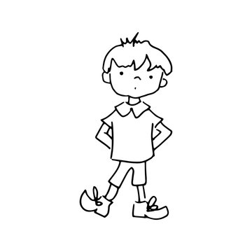 Doodle boy. Simple children's coloring page, children's drawing a little boy. Black line painting, isolated on white background.