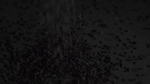 Cumin seeds falls on a black background; isolated; close up, macro shot; slow motion.