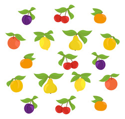 Fruits set background. Apple, peach and lemon mandarin pear. Cherry and plum. Vector illustration. Multicolored with leaves.