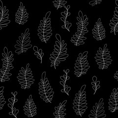 Fototapeta premium Vector flower black-white pattern. Seamless botanic texture, detailed flowers illustrations. Floral pattern in doodle style, spring floral background.