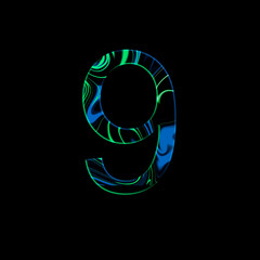 Number 9 illustration - liquid wave cyberpunk style. Design elements. Isolated background. Blue and green colors.