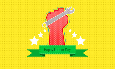 happy labour day 1 may. hand holding a tool show up. engineering design concept with screwdriver wrench ruler vernier caliper cheater bar.vector illustration eps10