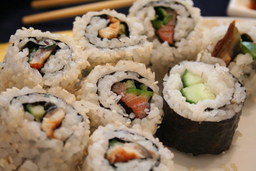 sliced sushi on the dinner table