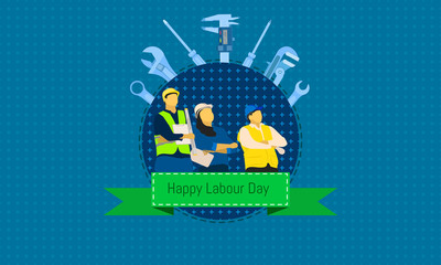 happy labour day 1 may. male and female standing looking at sky. engineering design concept with screwdriver wrench ruler vernier caliper cheater bar.vector illustration eps10