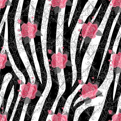 Zebra Stripes With Red Rose Flowers Seamless Pattern Zebra