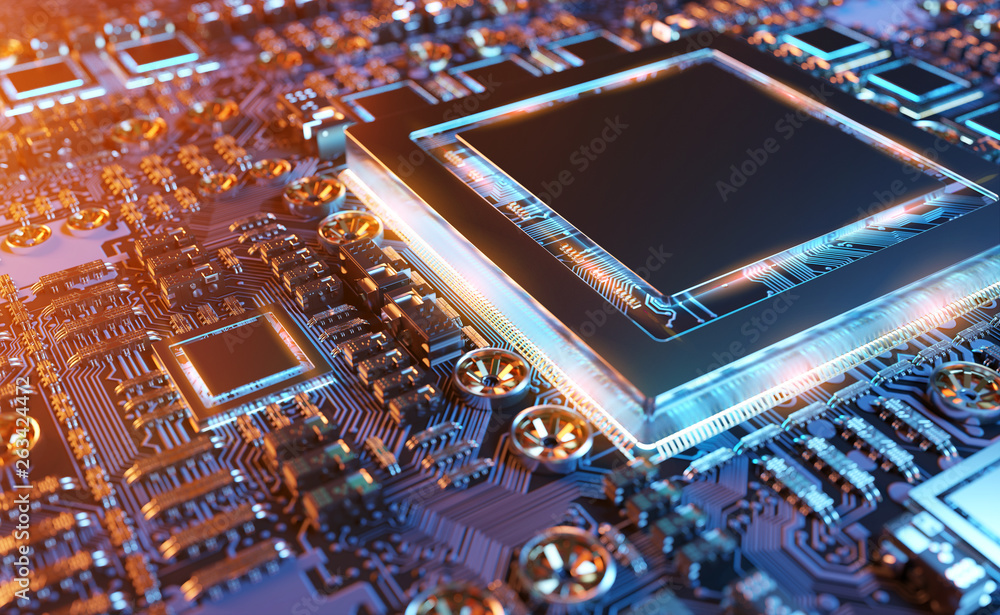 Fototapete close-up view of a modern gpu card with circuit 3d rendering