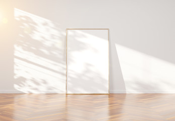 Wooden frame leaning in bright white interior with wooden floor mockup 3D rendering