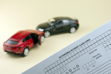 Car crash scene and car insurance document, compare car insurance concept. yellow background