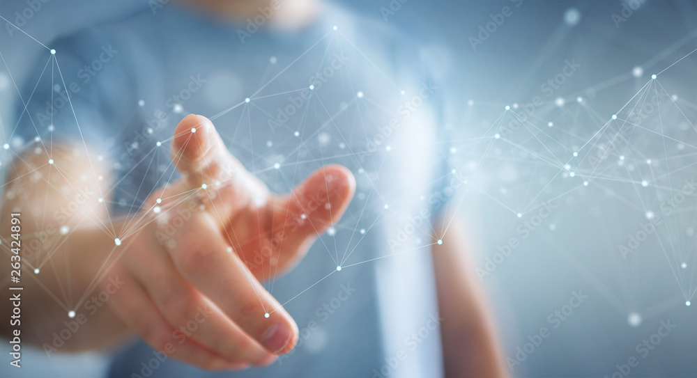 Aufkleber businessman using floating digital network connections with dots and lines 3d rendering