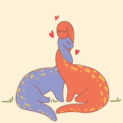couple in love concept, two dinosaurs hugging. valentines day or wedding vector card design - vector