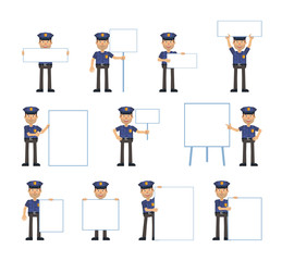 Set of policeman characters posing with different blank banners. Cheerful police officer holding paper, poster, placard, pointing to whiteboard. Teach, advertise, promote. Flat vector illustration