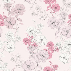 Materiał do szycia Soft pink delicate blooming hand drawn pencil line skecth seamless pattern vector design for fashion,fabric,web,card,wallpaper and all prints