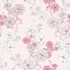 Gardinen Blumen Muster  Soft pink delicate blooming hand drawn pencil line skecth seamless pattern vector design for fashion,fabric,web,card,wallpaper and all prints  © MSNTY_STUDIOX