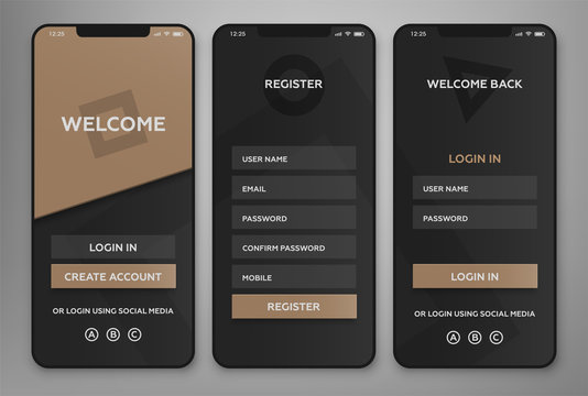 UI, UX Mobile application interface design. Authorization and registration pages. Vector illustration.