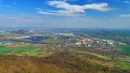 Aerial panorama view of Lovosice, Labe River and Central Bohemiam Uplands, Czech Republic