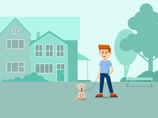 A boy with a dog on a street road. Flat  vector illustration for web design.
