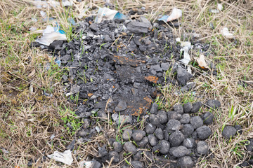 Old extinct bonfire. Danger of forest fire