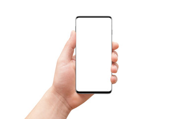 Male hand holding modern smartphone in vertical position, isolated on white background. Mockup for presentation